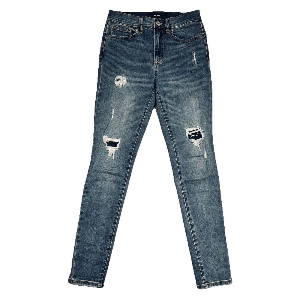 Aero High Rise Jeans Womens 4 Skinny Rip Repair Blue Stretch Measures 26 x 28